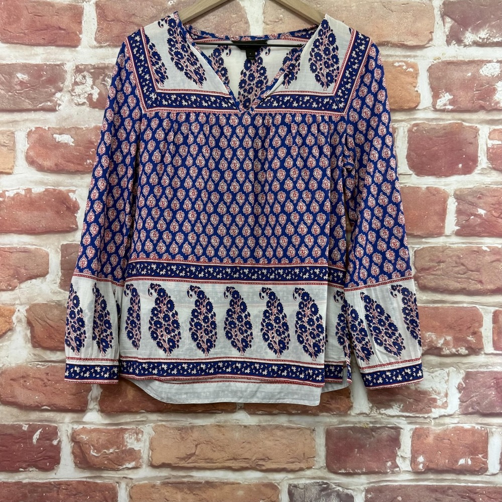 J Crew Top Women's 4 Blue Multicolor Boho Floral Border Trim Casual Shirt